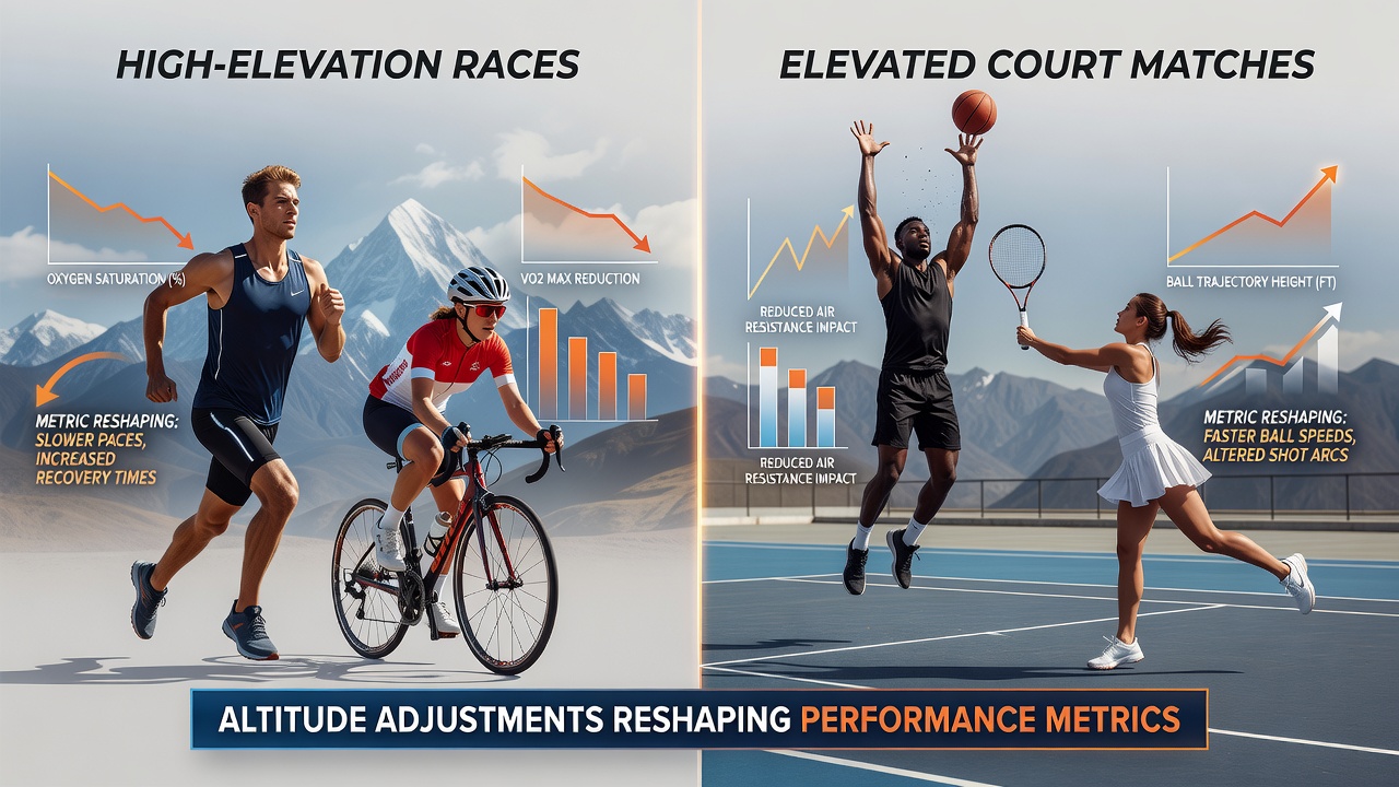 Tennis match at high altitude with players adapting to faster ball travel
