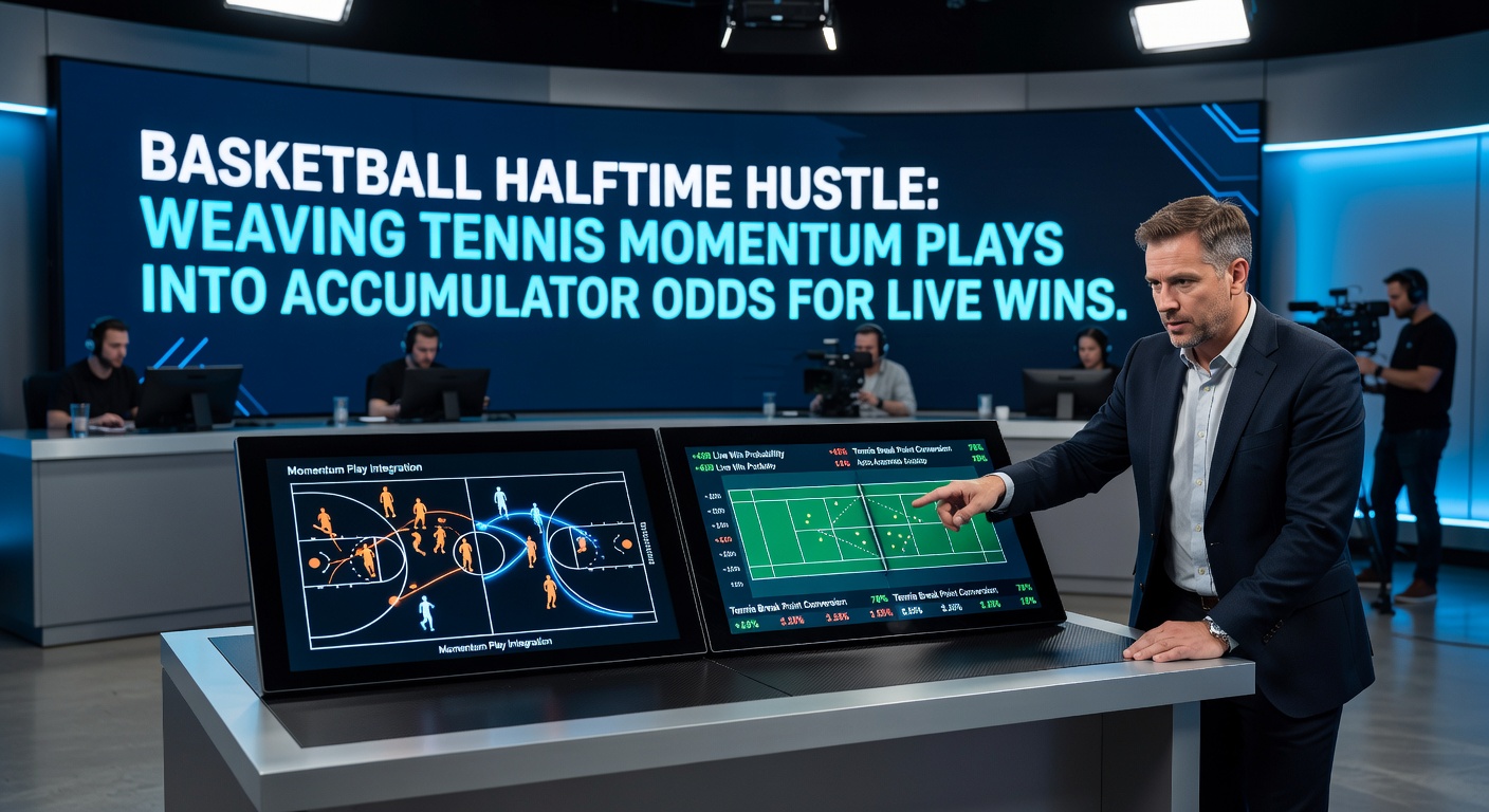 Intense basketball halftime huddle with overlaid tennis court lines symbolizing momentum crossover strategies