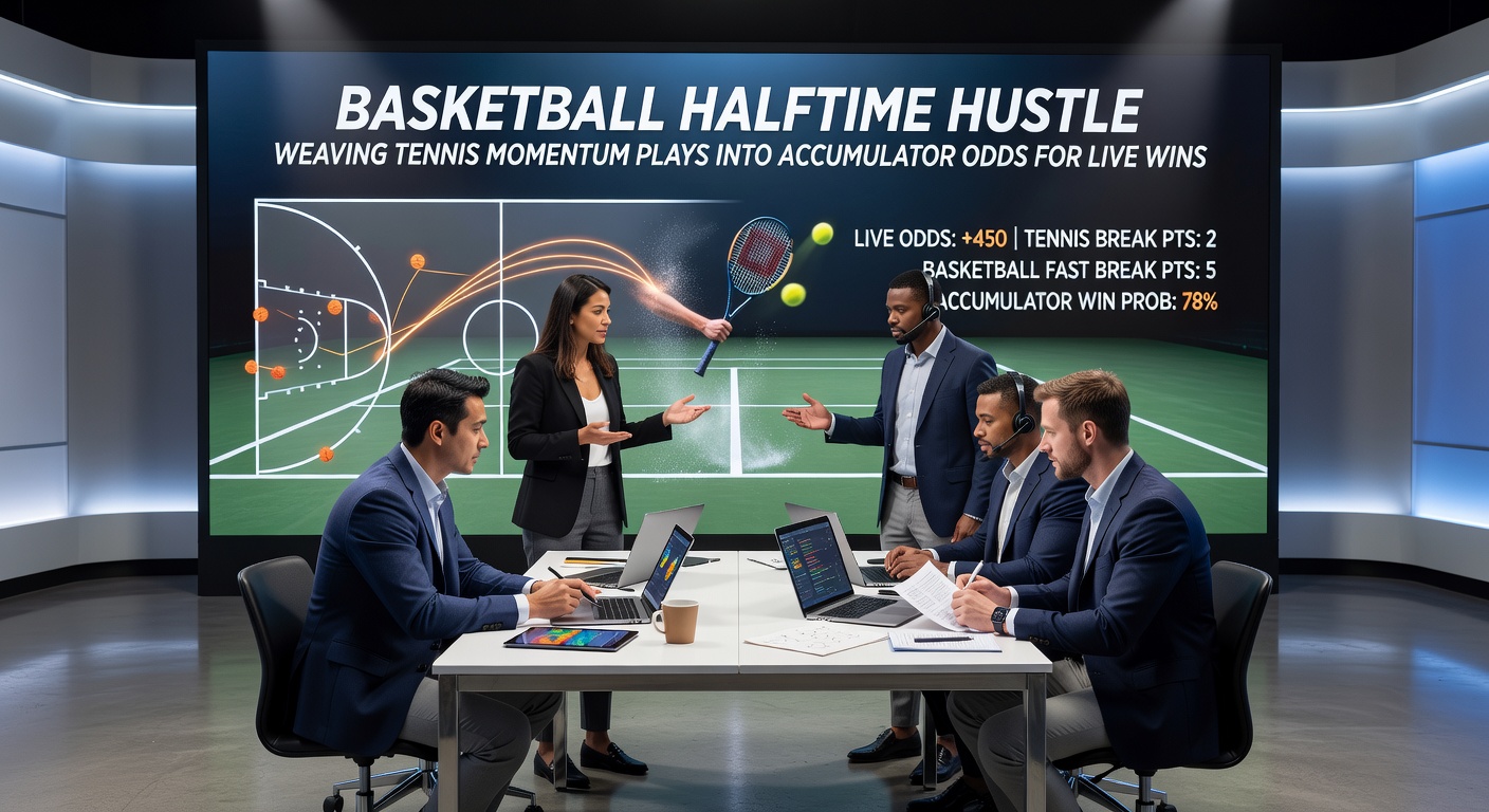 Split-screen graphic showing tennis player mid-serve next to basketball team reviewing halftime stats on a tablet