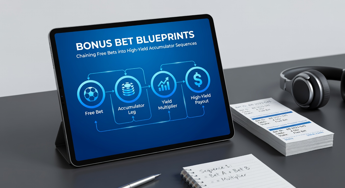 Visual blueprint showing free bets chaining into multi-leg accumulator sequences with rising yield arrows