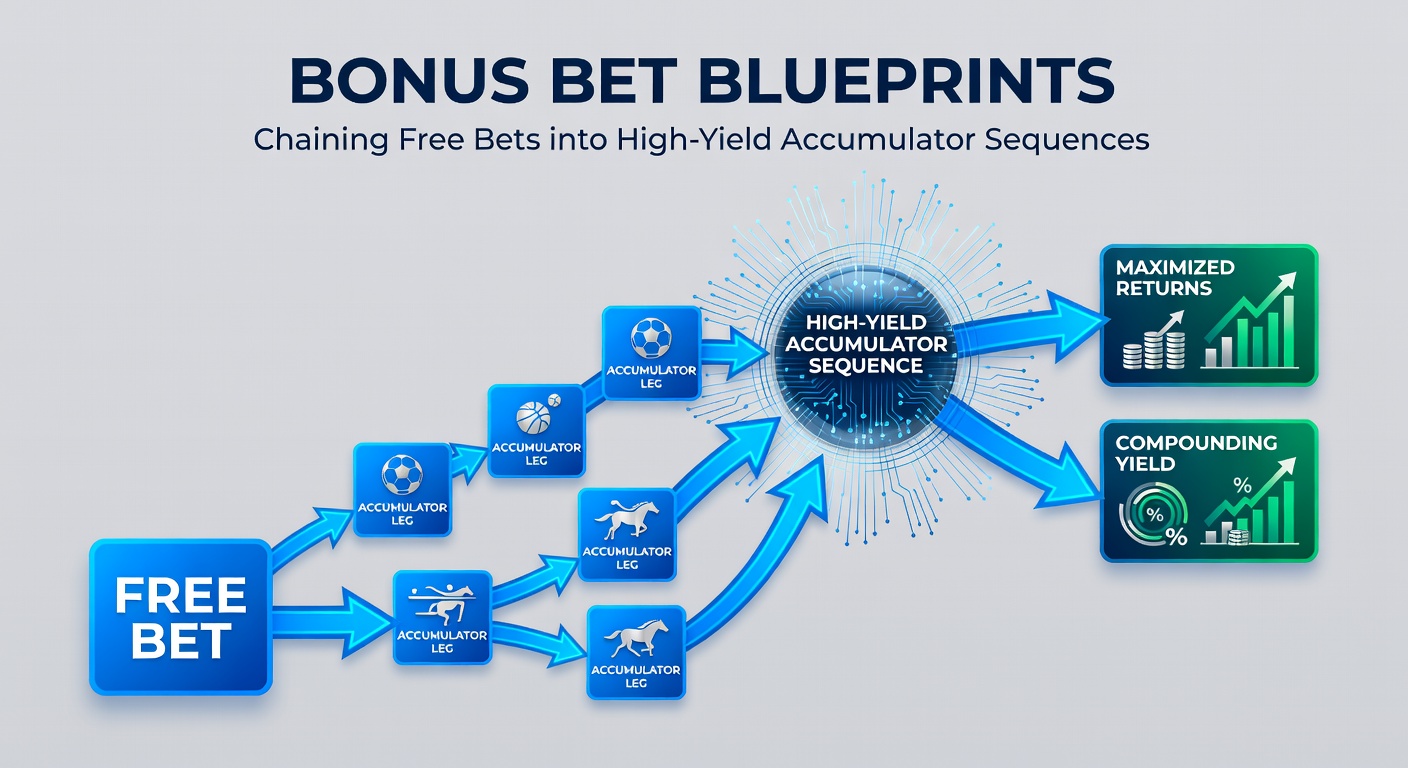Diagram of a four-leg accumulator chain using bonus bets, with each step showing stake rollover and escalating payouts