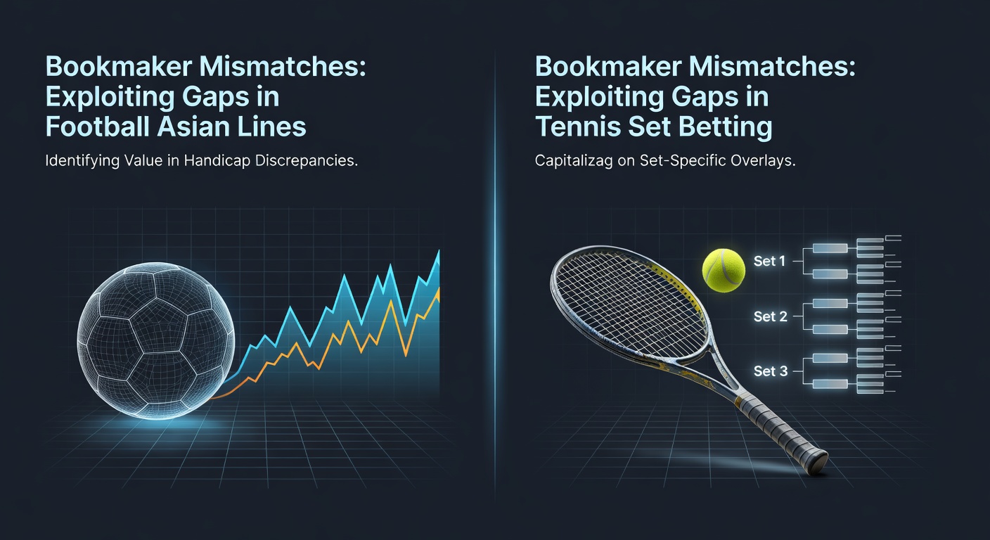 Screenshot of odds comparison table displaying tennis set betting lines varying by 15% across bookmakers during a live ATP match, next to football Asian handicap discrepancies