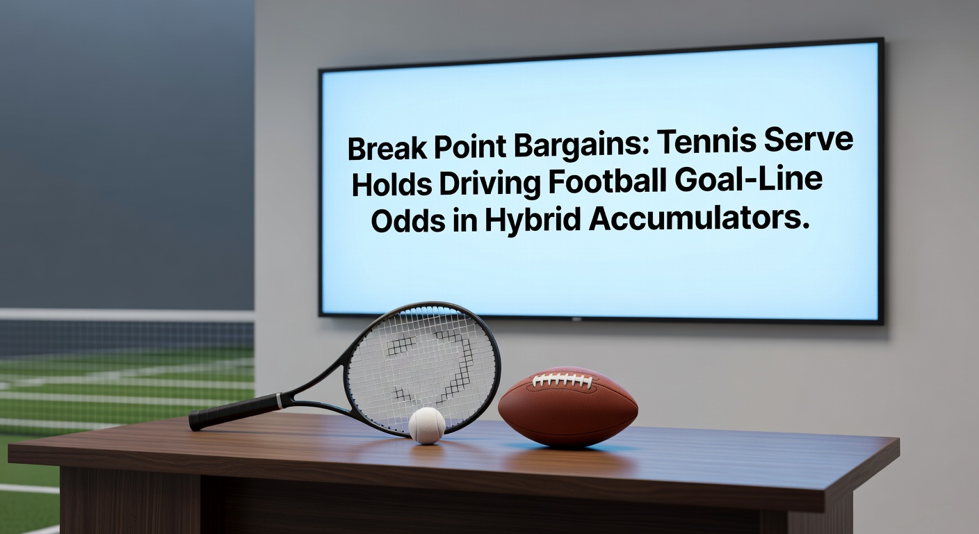 Split-screen view of a tense football goal-line scramble and a tennis break point save, overlaid with hybrid accumulator odds fluctuating live