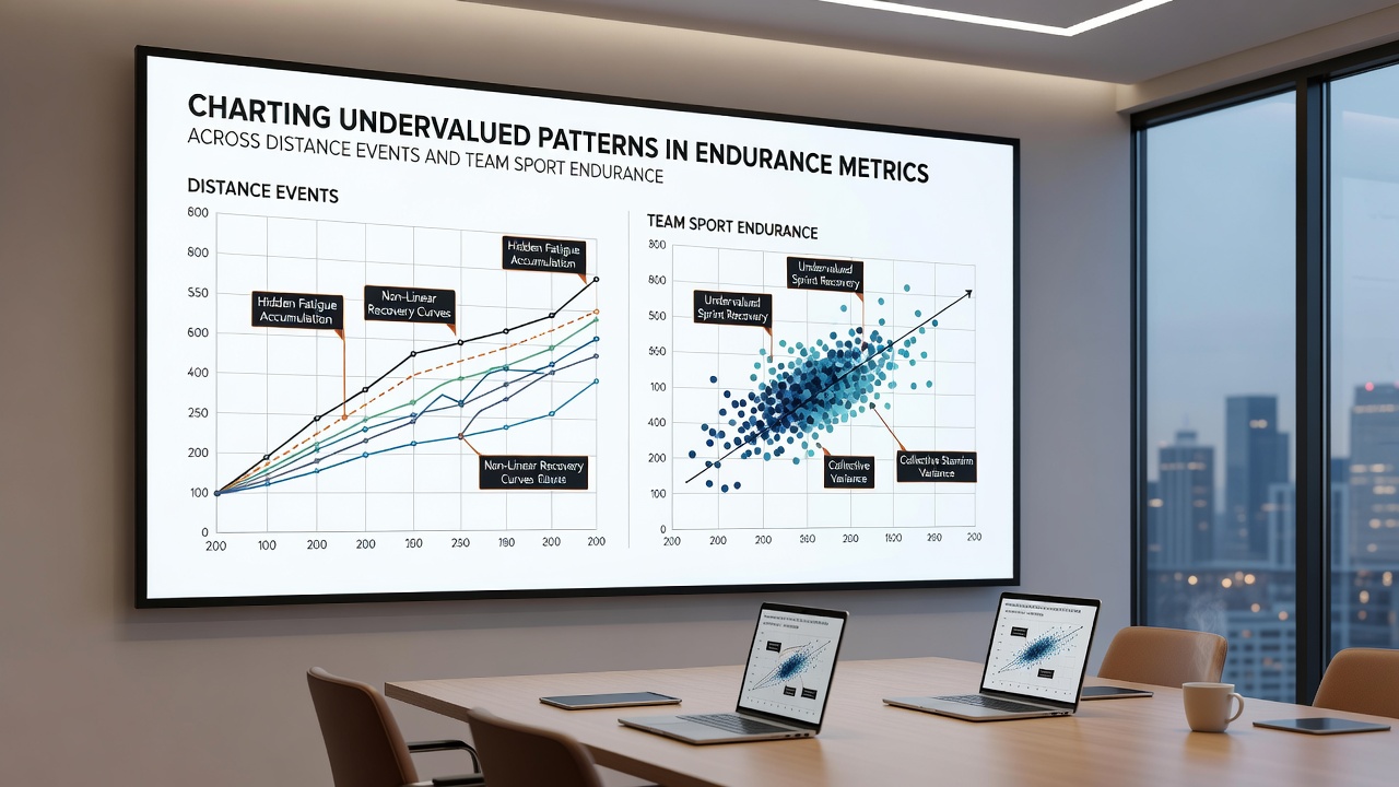 Team sport endurance tracking dashboard displaying player workload heatmaps and recovery curves from basketball and soccer fixtures