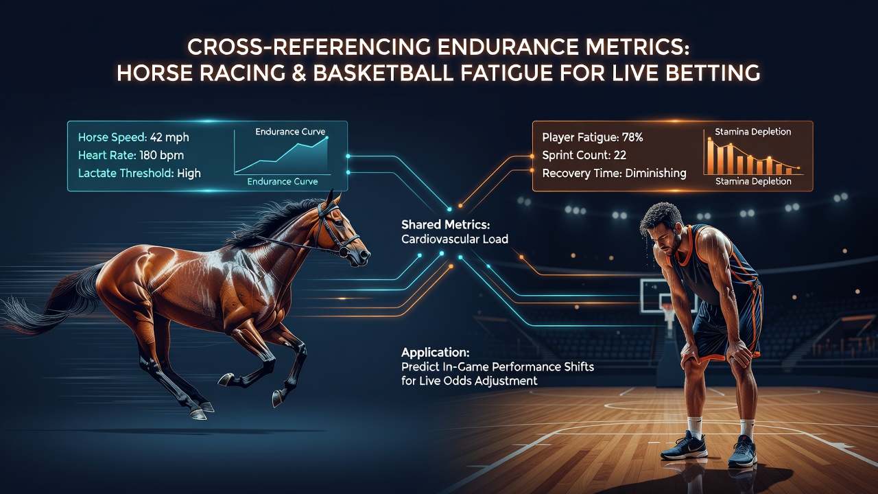 Horse racing endurance charts overlaid with basketball player tracking data on a digital betting interface