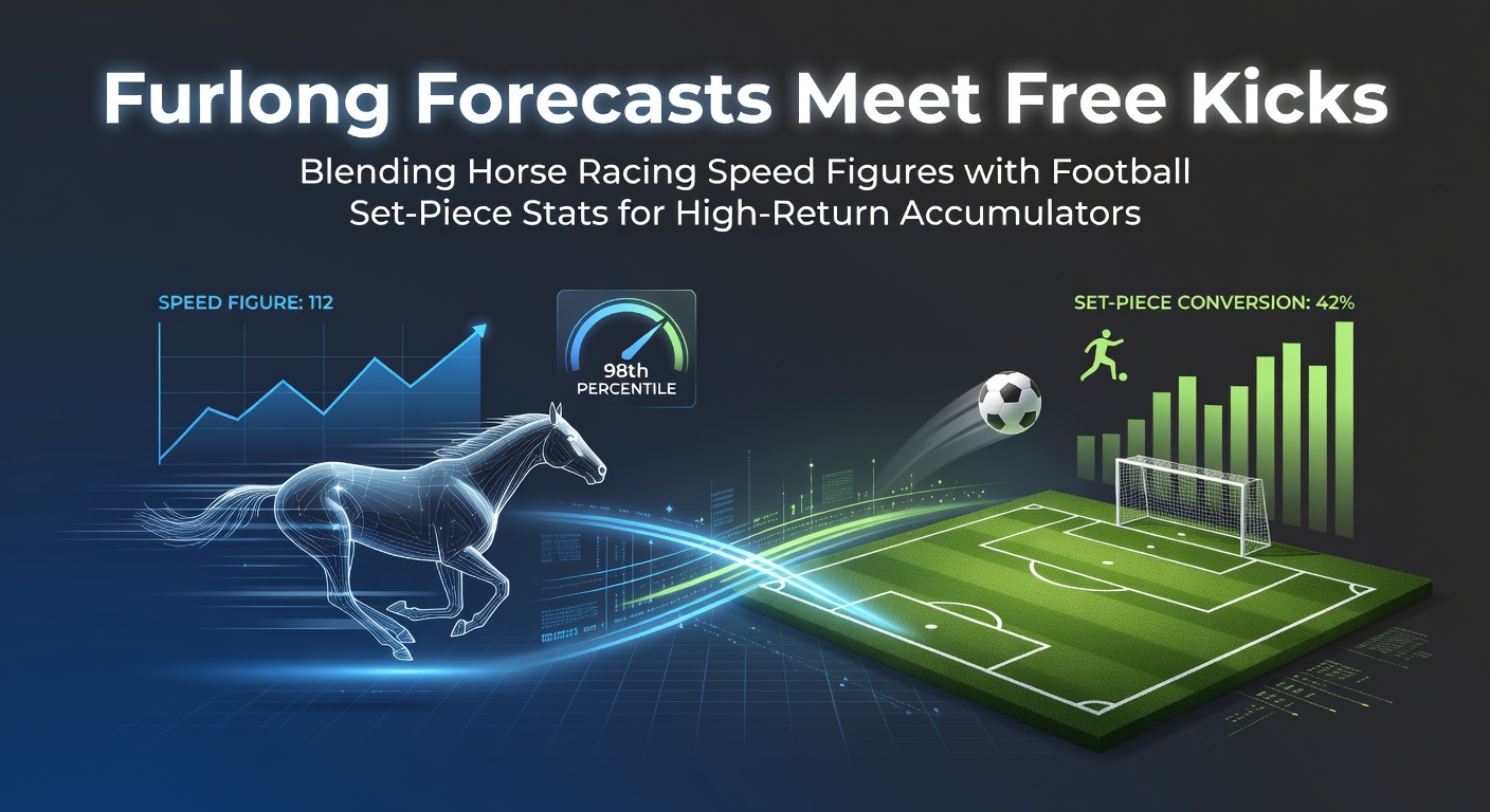 Dynamic overlay of a horse racing furlong sprint merging with a precise football free kick curving toward goal, symbolizing blended betting strategies