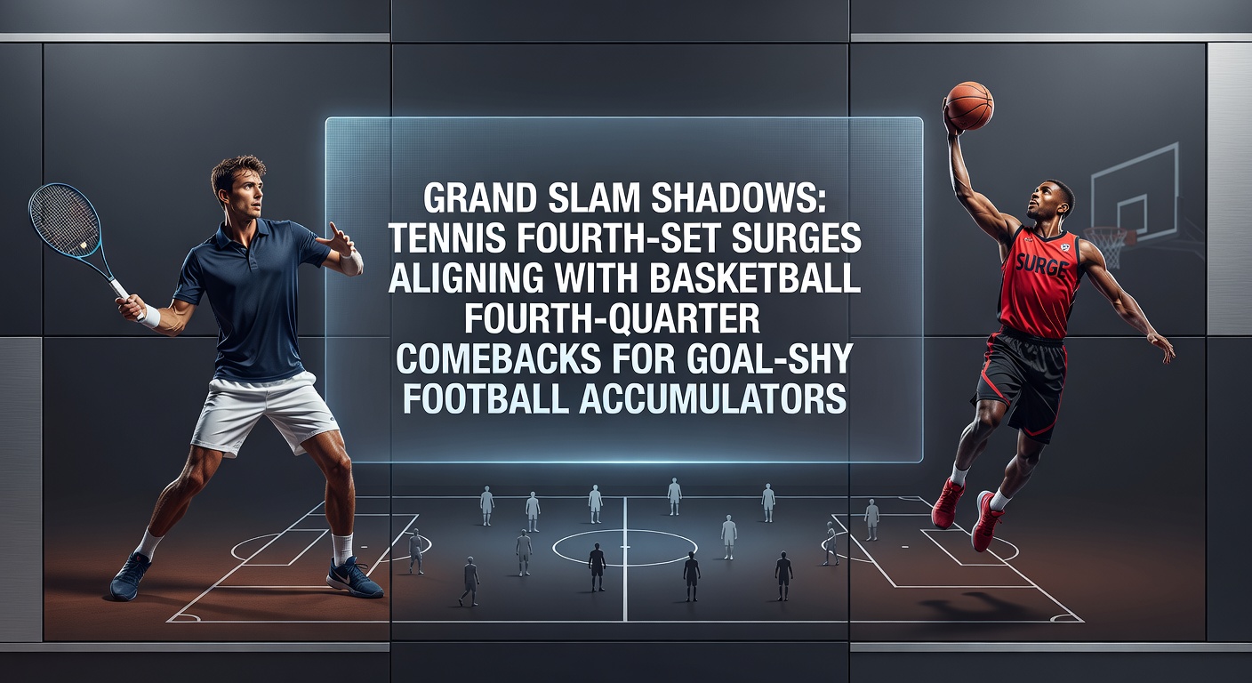 Tennis player surging in a Grand Slam fourth set, with basketball court and football pitch blurred in the background, illustrating cross-sport betting patterns