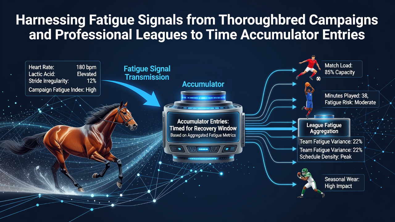 Thoroughbred horse showing signs of fatigue after a race campaign alongside data charts from professional basketball and football leagues