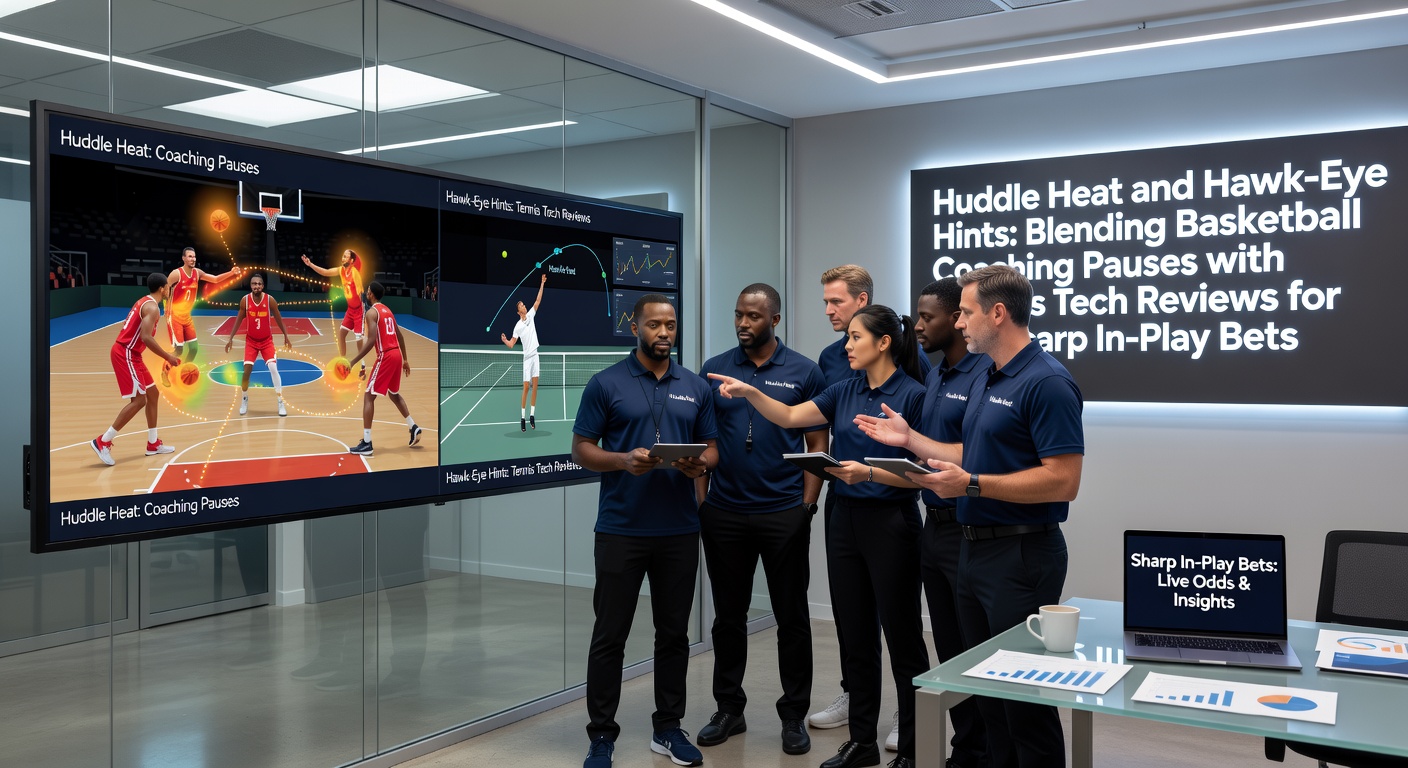 Basketball team huddle during timeout with tennis Hawk-Eye replay overlay, illustrating blended betting signals