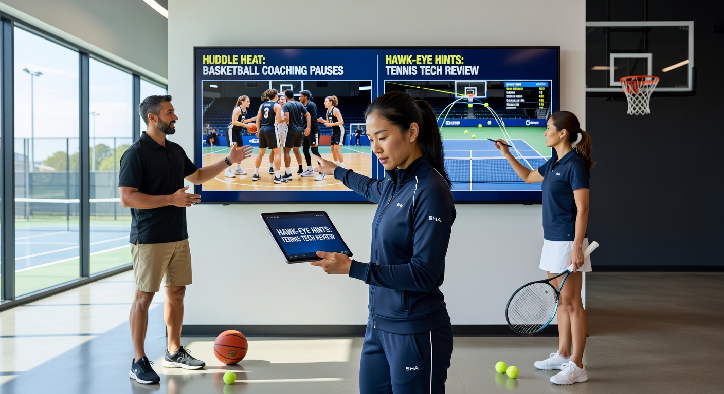 Tennis player reviewing Hawk-Eye challenge on screen beside basketball coach diagramming play during huddle