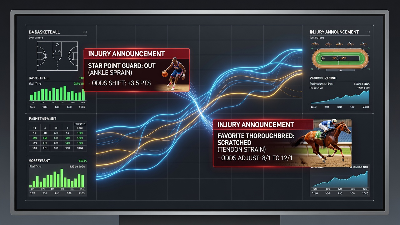 Injury reports displayed on betting terminals during combined basketball and horse racing wager sessions