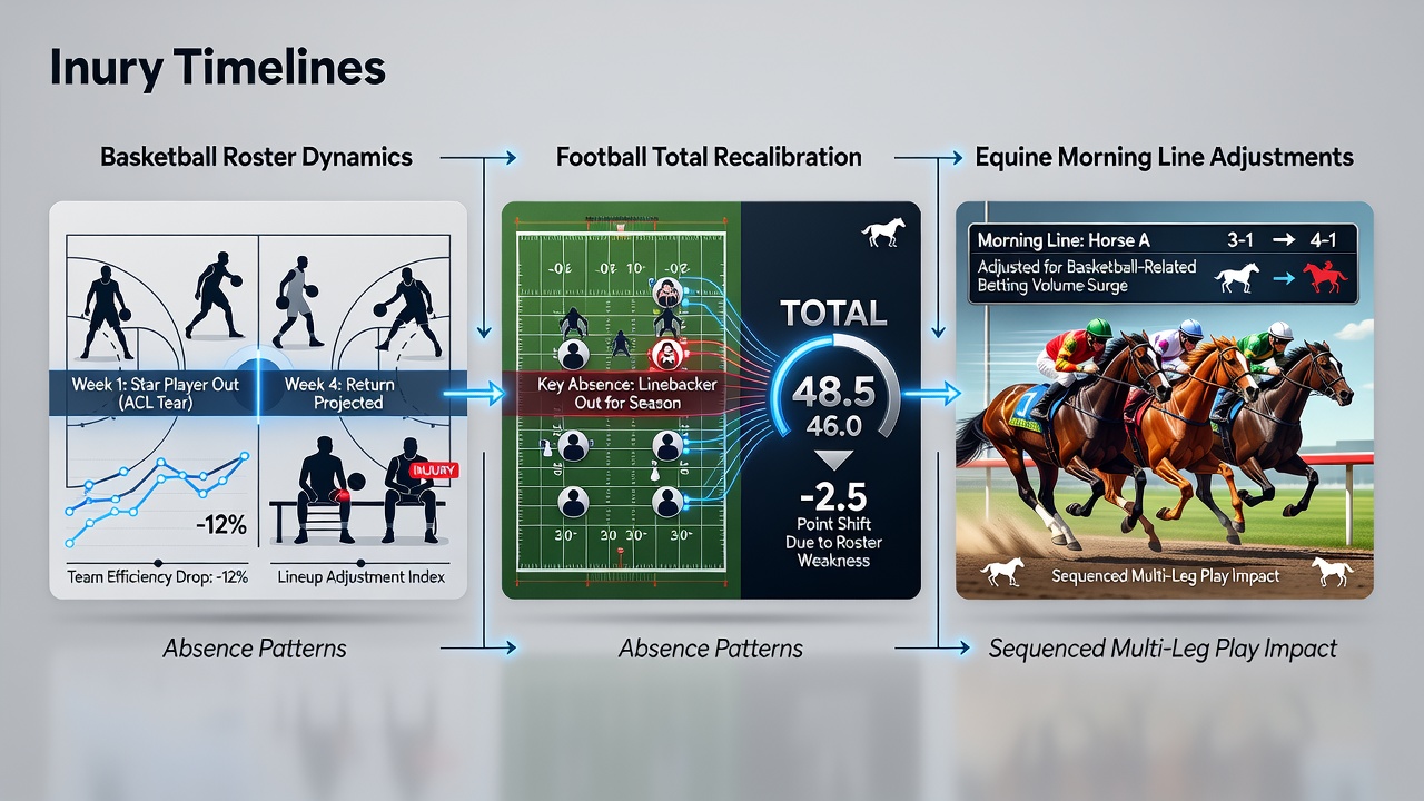 Basketball roster injury timeline charts overlaid with football match totals and horse racing morning line odds for accumulator sequencing