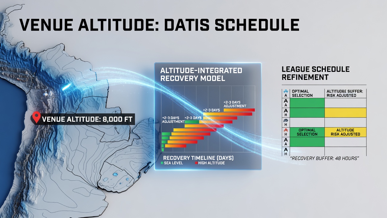 Athletes training at high-altitude venues with data overlays showing recovery metrics and schedule adjustments
