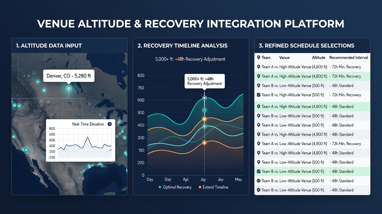 Data dashboard displaying altitude charts, recovery timelines, and league schedule overlays for team selection analysis