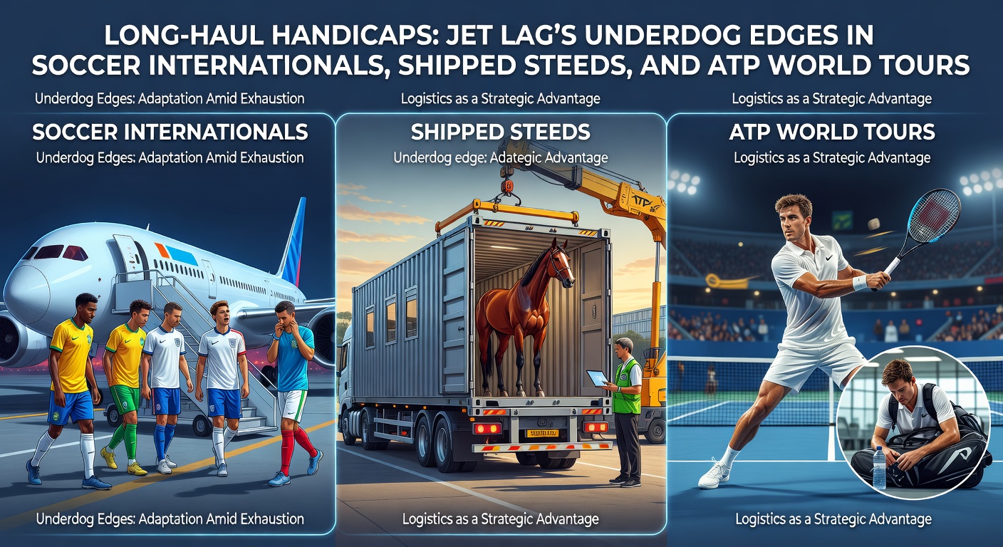 Soccer players jetting across oceans, a tennis pro mid-serve under bright lights, and a horse trailer on a long-haul road, illustrating travel fatigue in global sports