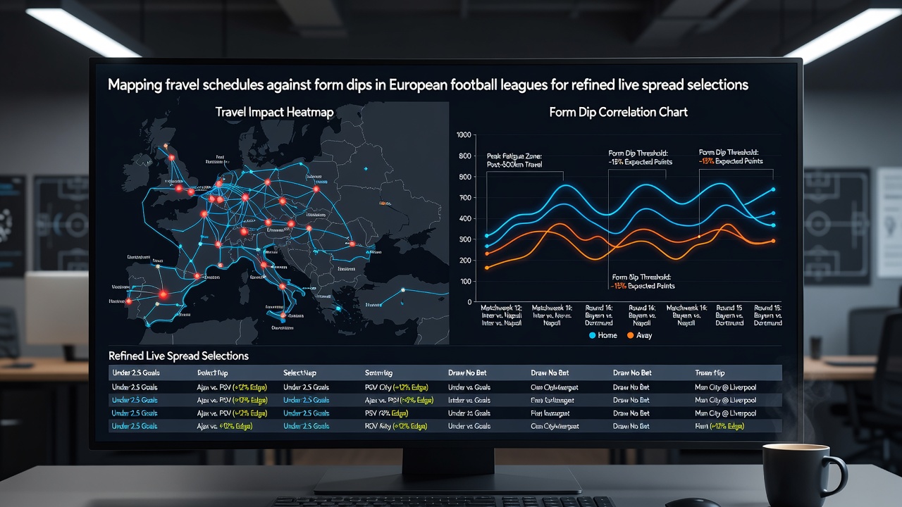 Analytical dashboard displaying football travel routes overlaid with form dip indicators and live betting odds