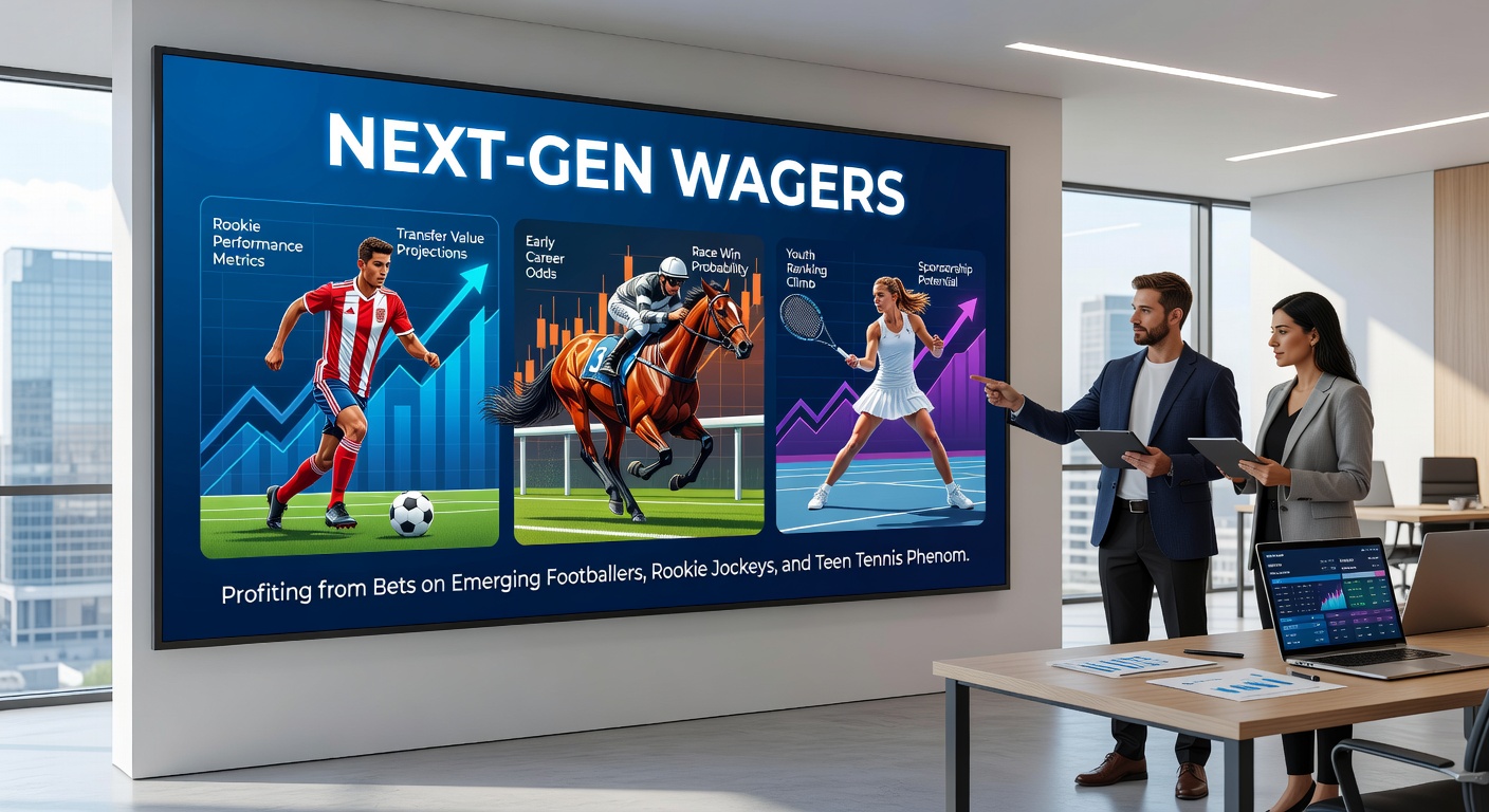 A rookie jockey urging his mount down the home straight in a crowded flat race, capturing the thrill of untapped potential in next-gen wagers