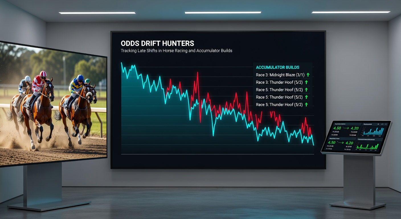 Horse racing track with punters checking odds on screens, capturing the tension of late drifts