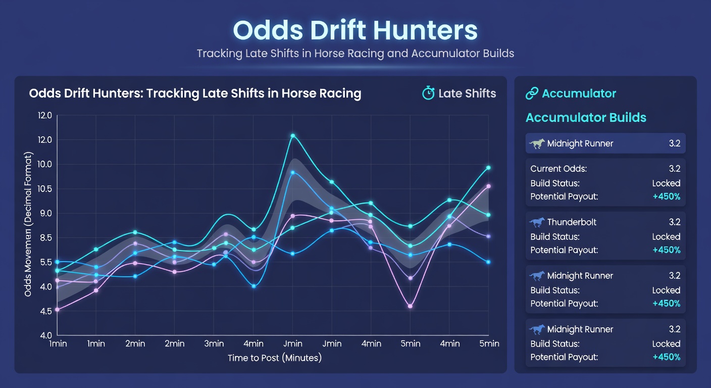 Digital dashboard showing live odds drifts on multiple horse races, with graphs spiking dramatically