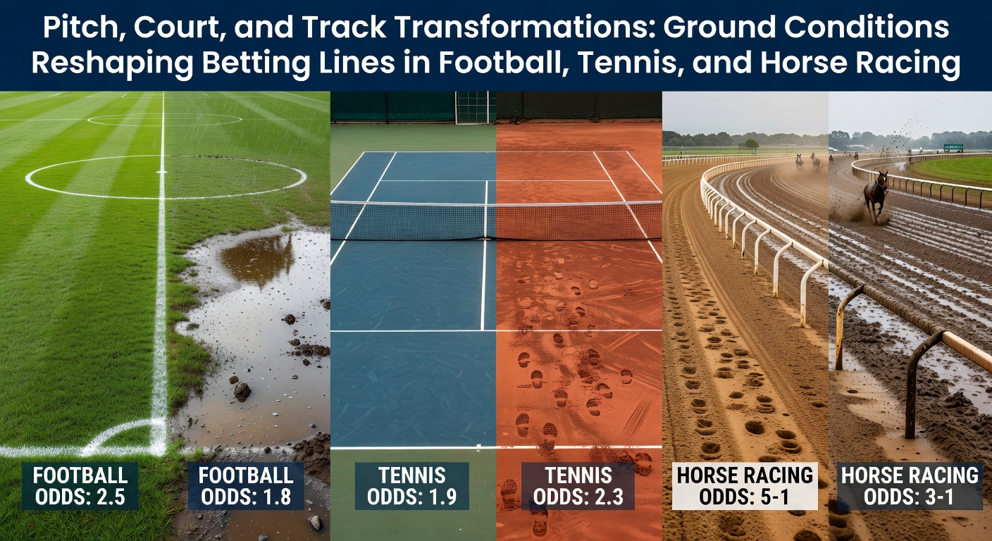 A rain-soaked football pitch during a match, highlighting puddles and mud affecting player movement and ball trajectory