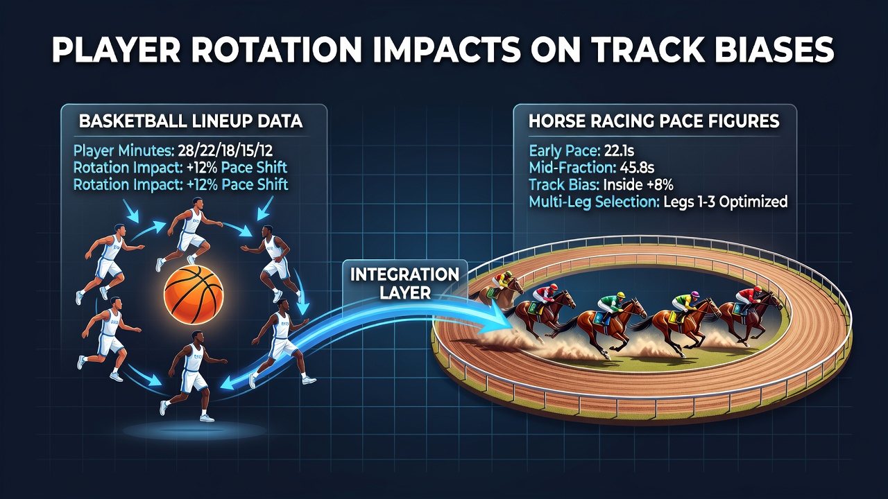 Basketball lineup charts overlaid with horse racing pace graphs showing rotation effects on track performance