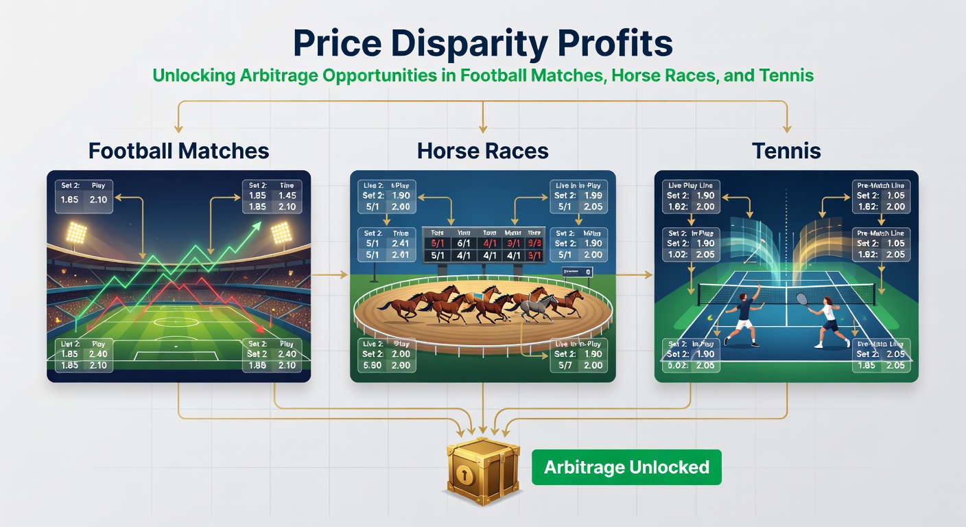 Close-up of a horse racing tote board displaying fluctuating odds for multiple runners, with arrows pointing to mismatched prices between bookmakers