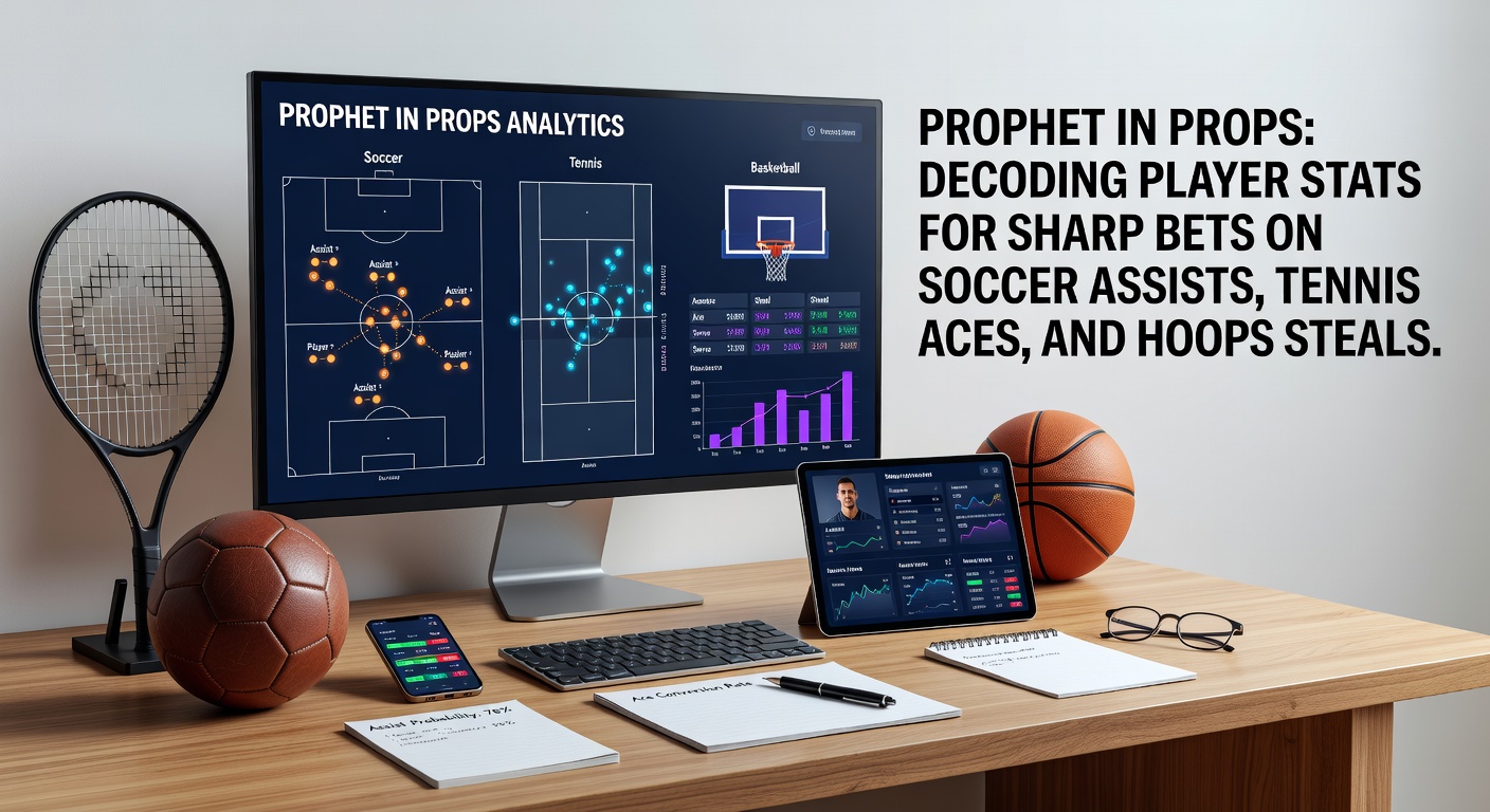 A dynamic split-image showing a soccer player delivering a precise assist, a tennis server firing an ace, and a basketball defender snagging a steal mid-air, highlighting key prop bet moments across sports