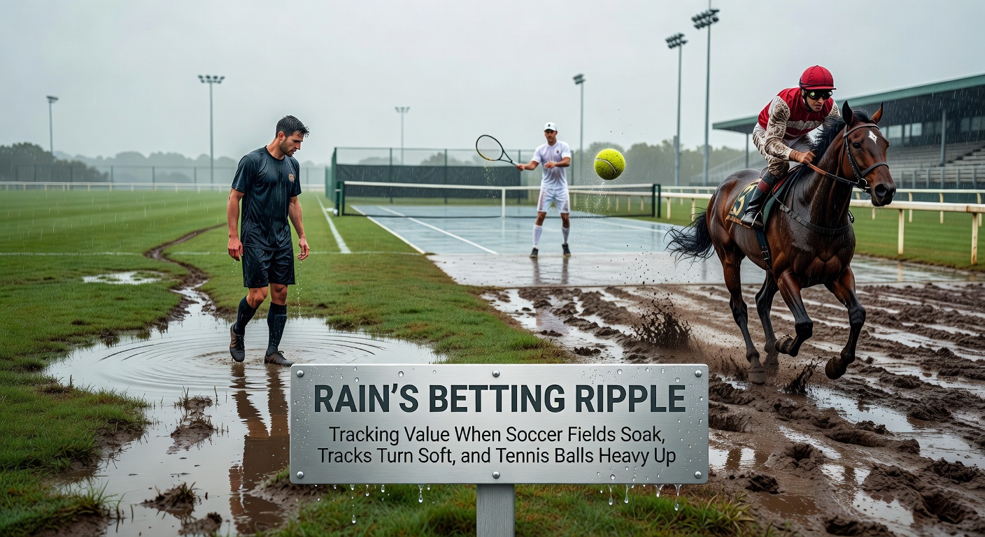 A rain-drenched soccer pitch where players battle slippery conditions under gray skies, highlighting how weather reshapes the game and betting odds