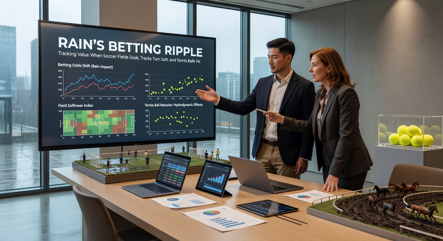A horse galloping through deep mud on a softened racetrack during heavy rain, spray flying as it powers ahead of rivals, illustrating rain's dramatic impact on racing outcomes