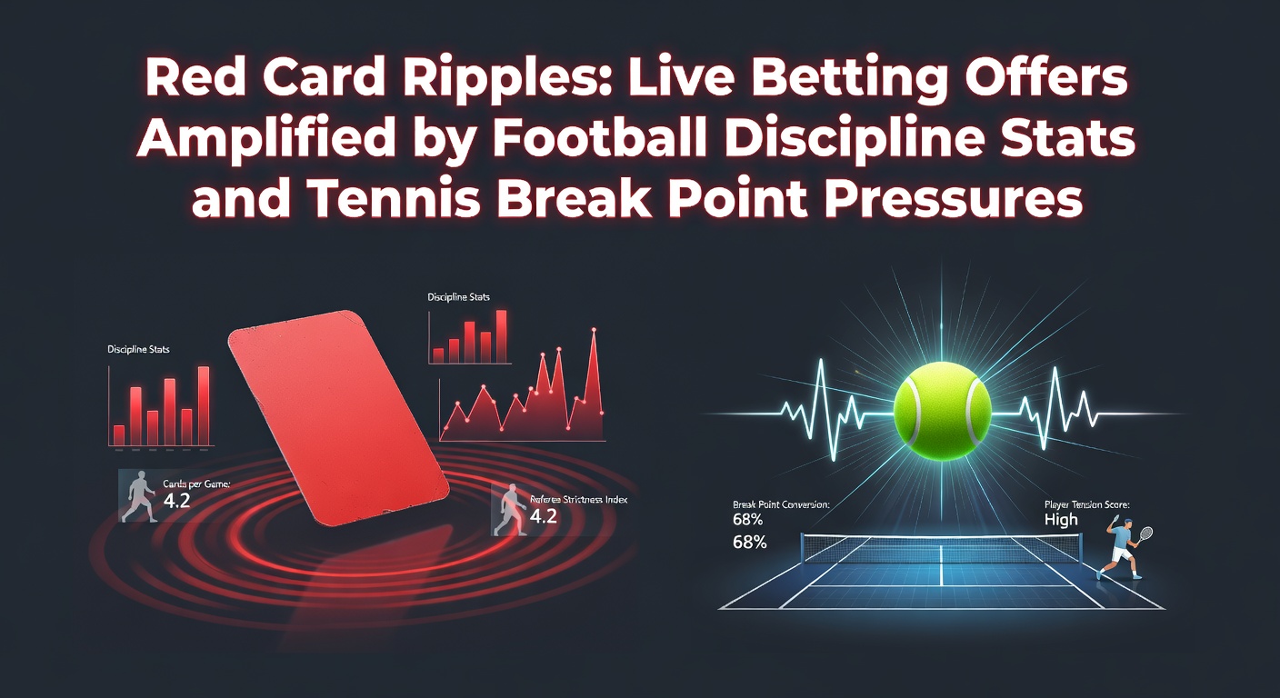A tense football match scene with a referee holding a red card, alongside a tennis player facing a critical break point, illustrating live betting dynamics