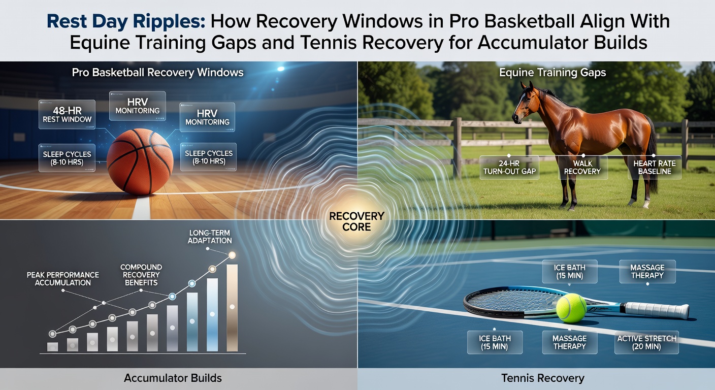 Illustration of recovery timelines linking basketball rest days, horse training intervals, and tennis match gaps for betting accumulator planning