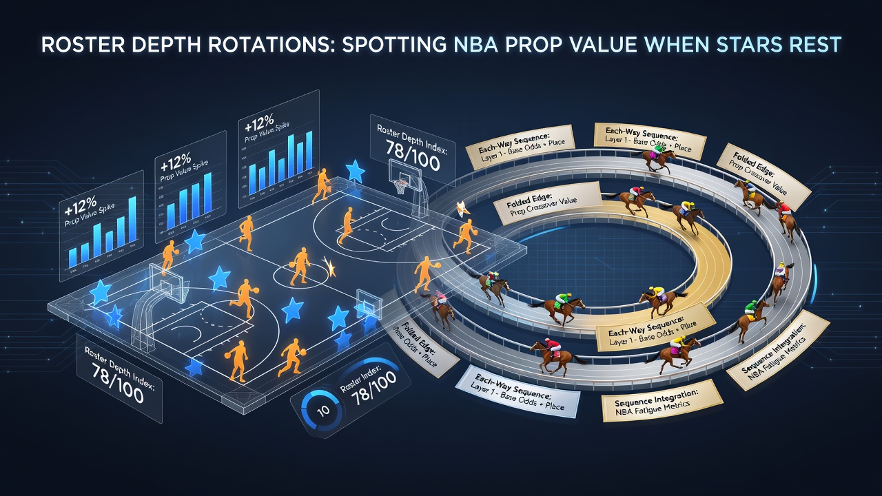 NBA players on the bench during a game with roster rotation graphics overlaid