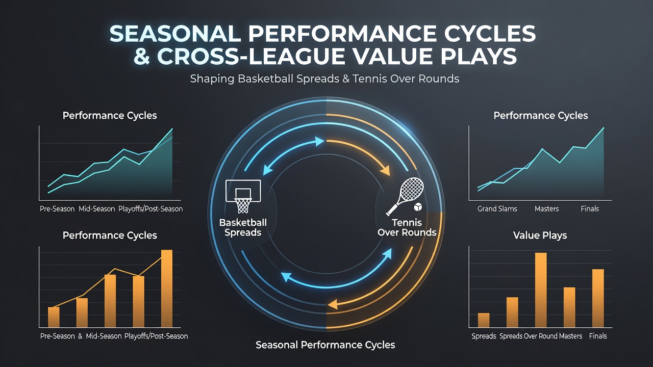 Basketball court with seasonal performance charts overlaid and tennis court lines merging into spread betting visuals
