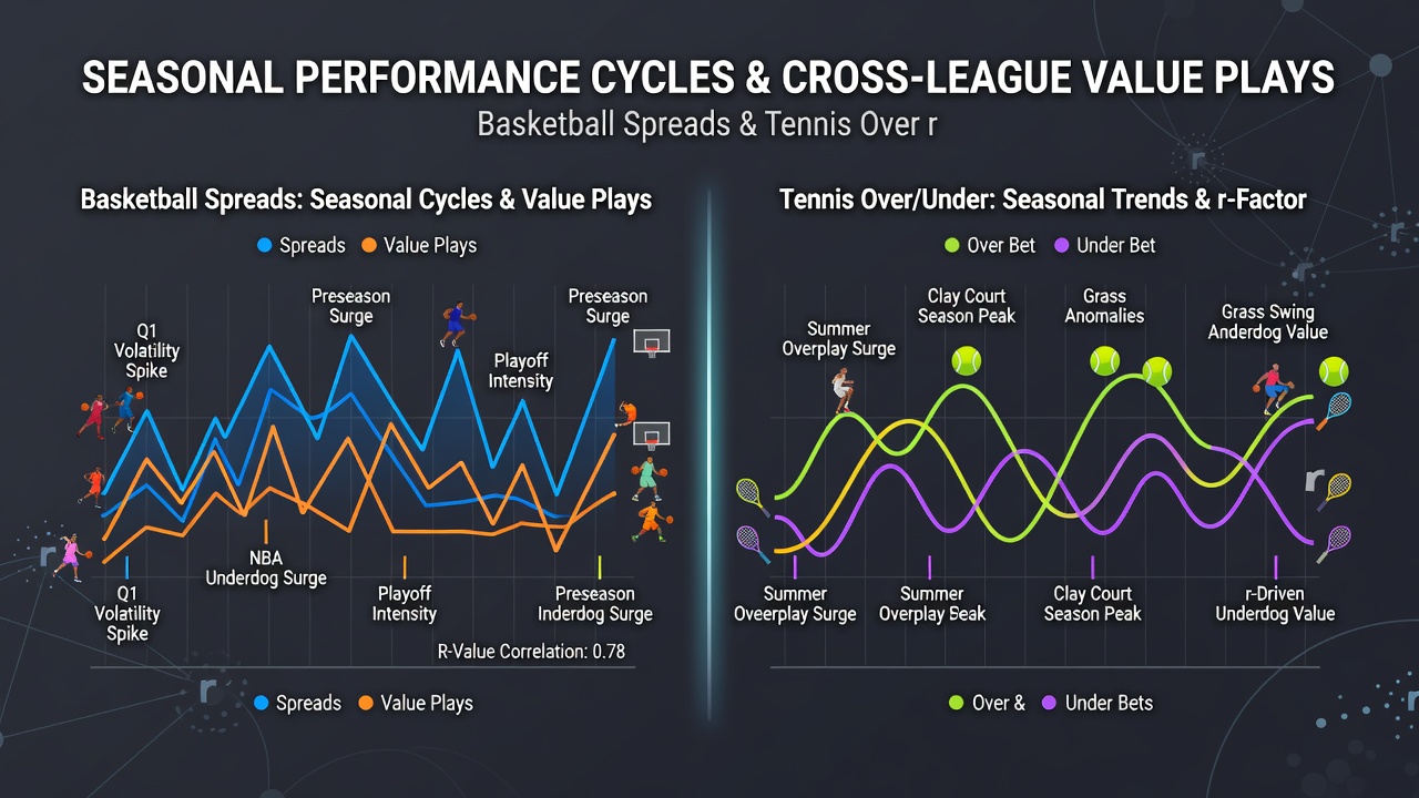 Tennis player during a long rally with overlaid seasonal cycle graphs and basketball spread movement indicators