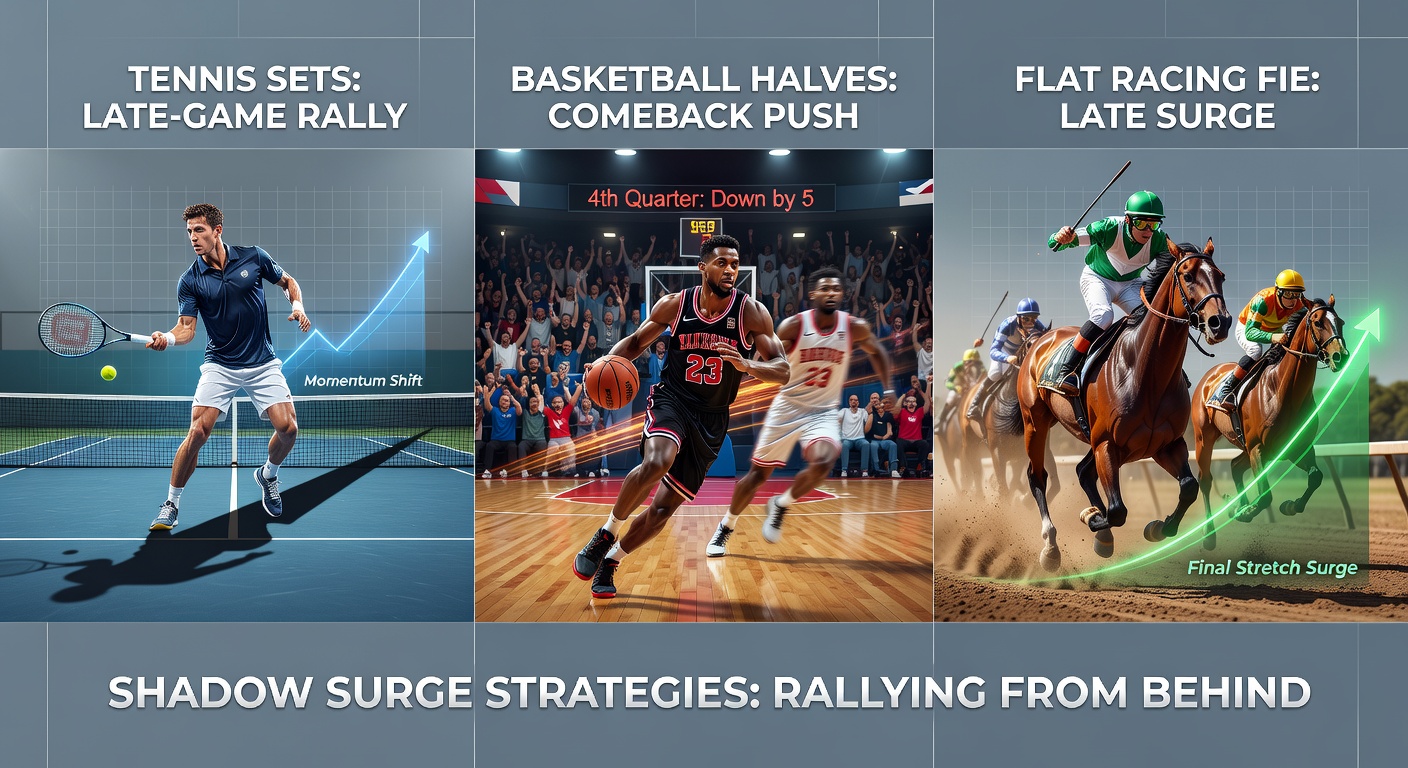 Basketball players executing a late-game comeback run in a packed arena, with tennis and racing elements faded in the background to show cross-sport surge parallels