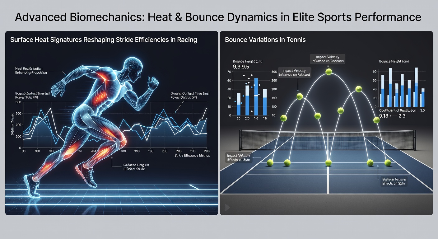 Close-up of tennis court surface temperature map next to stride analysis charts from horse racing events