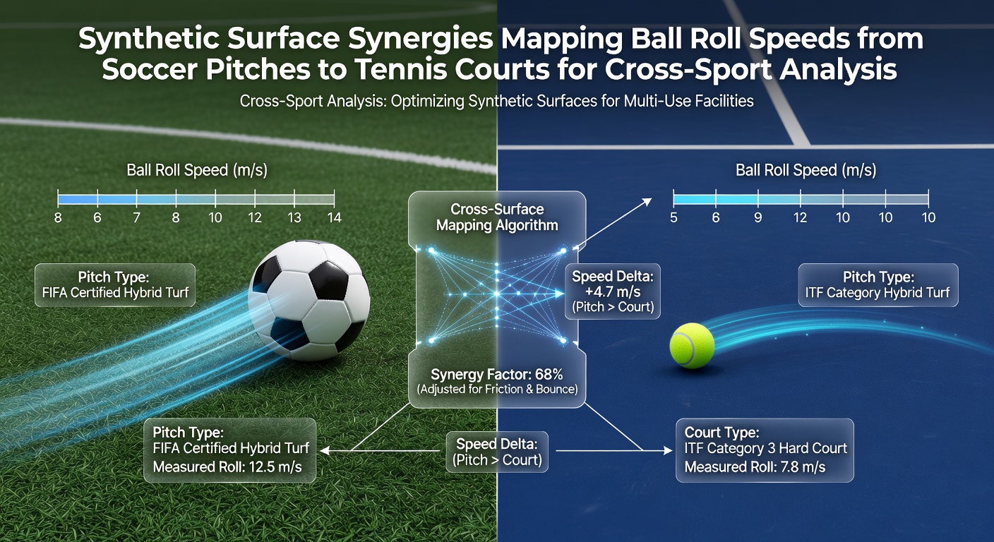Data charts and measurement tools used to map ball roll speeds between synthetic soccer and tennis surfaces