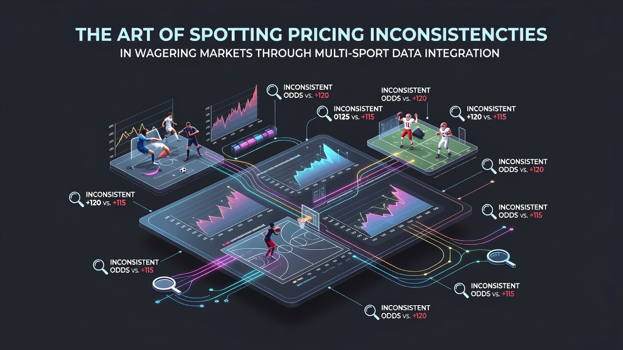 Visualization of multi-sport data streams feeding into wagering market analysis dashboards showing odds discrepancies across events