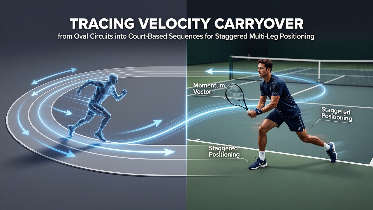 Oval track velocity data overlay transitioning into basketball court positioning diagrams for multi-leg analysis