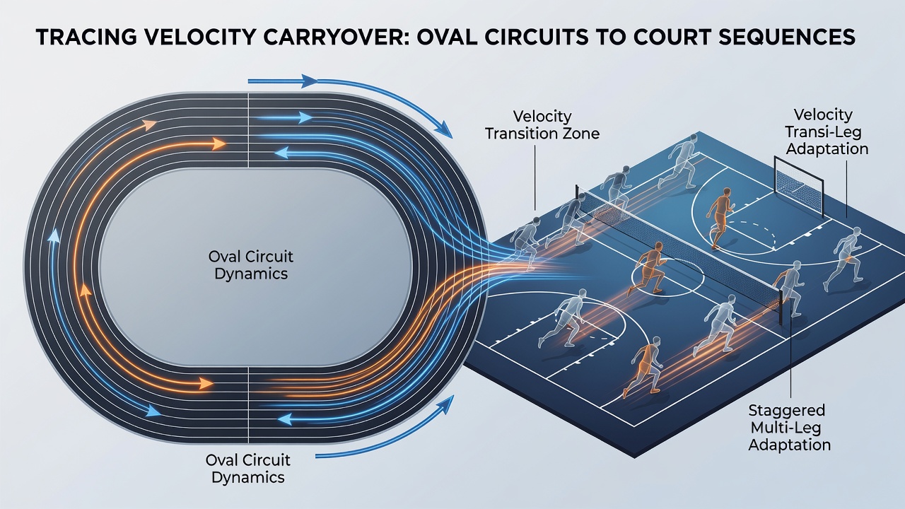 Performance analysts reviewing velocity graphs linking oval racing data to tennis court multi-leg positioning sequences