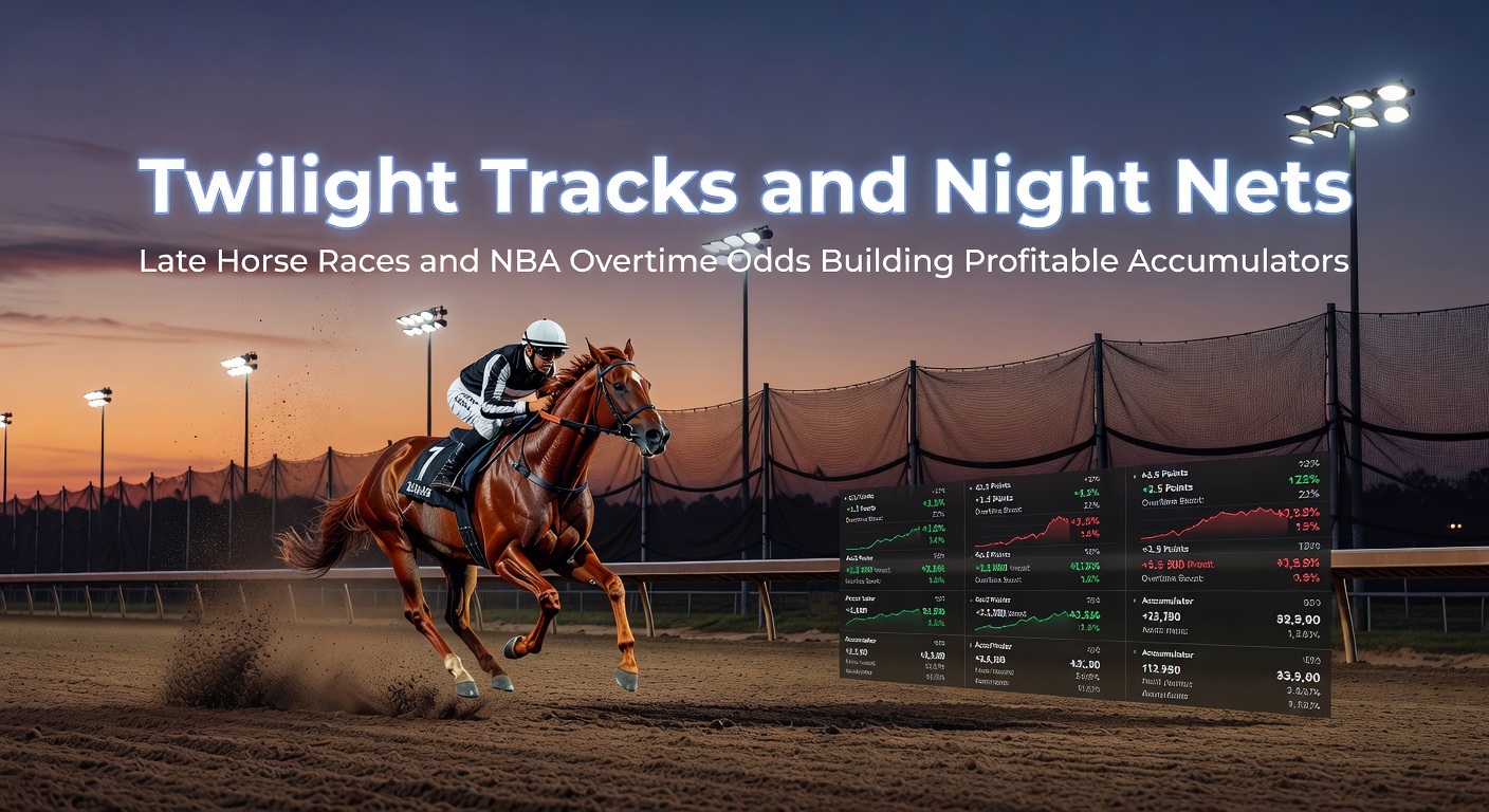 Twilight horse race under floodlights with an NBA overtime scene in the foreground, highlighting late-night betting opportunities