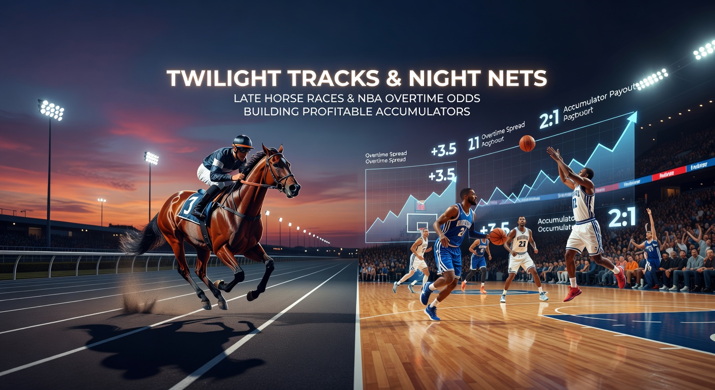 NBA players in overtime action on a brightly lit court at night, overlaid with horse racing odds board, symbolizing cross-sport accumulator potential