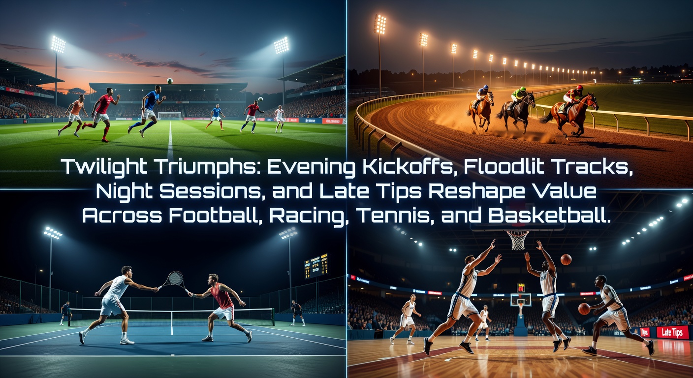 Floodlit football stadium buzzing with evening energy as players charge under bright lights, highlighting how night games shift betting dynamics