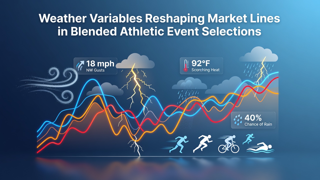 Split-screen view of weather stations at a racetrack and a tennis stadium feeding live data into odds platforms