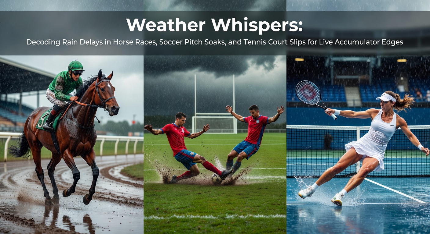 A horse racing track turned muddy under heavy rain, with jockeys waiting during a delay as dark clouds loom overhead