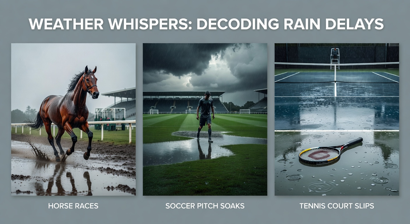 Tennis players slipping on a rain-slicked grass court during a Wimbledon-style match, with covers being rushed on as drops fall