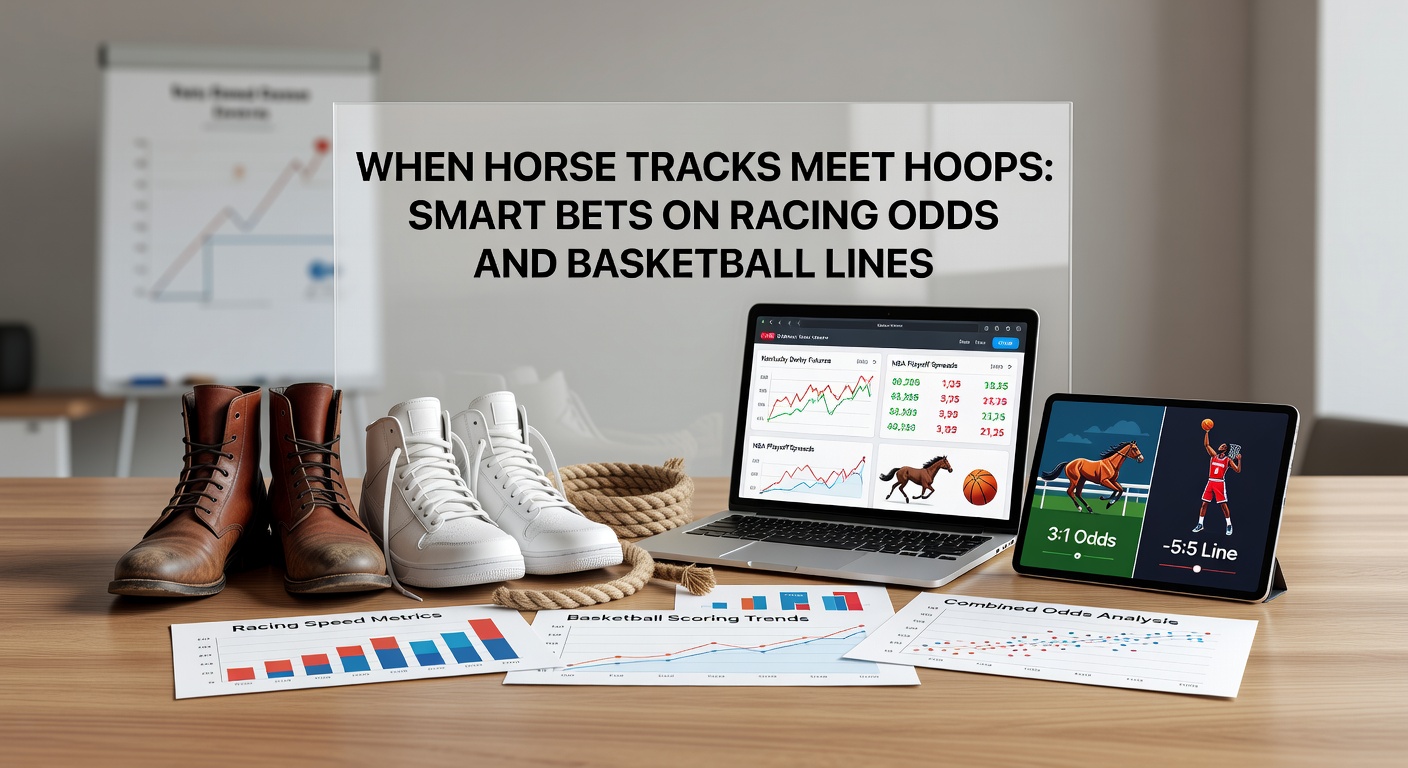Vibrant scene of a horse race finish line merging with a basketball hoop dunk, symbolizing combined betting opportunities