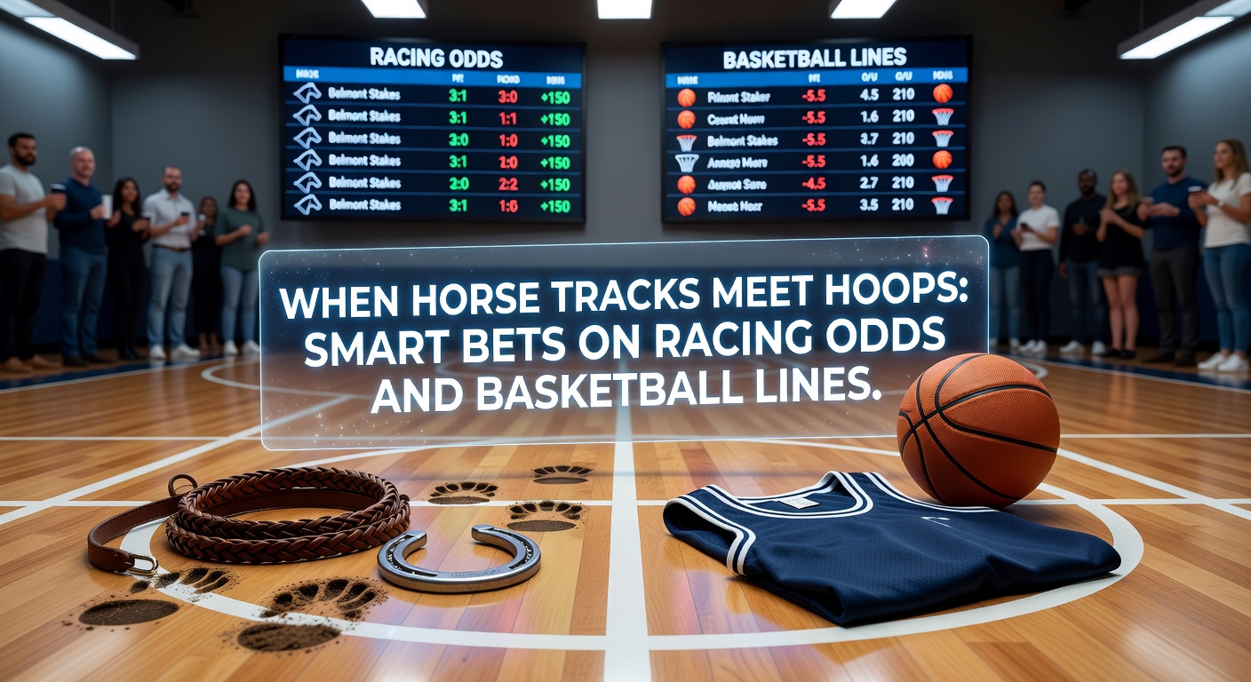 Dynamic graphic overlay of horse racing odds board next to basketball betting lines on a sportsbook app, highlighting parlay potential
