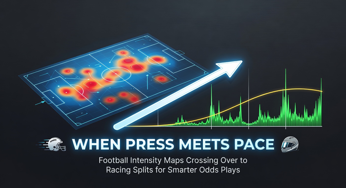 Football players pressing high up the pitch overlaid with a horse racing sectional pace map showing early leaders and late closers