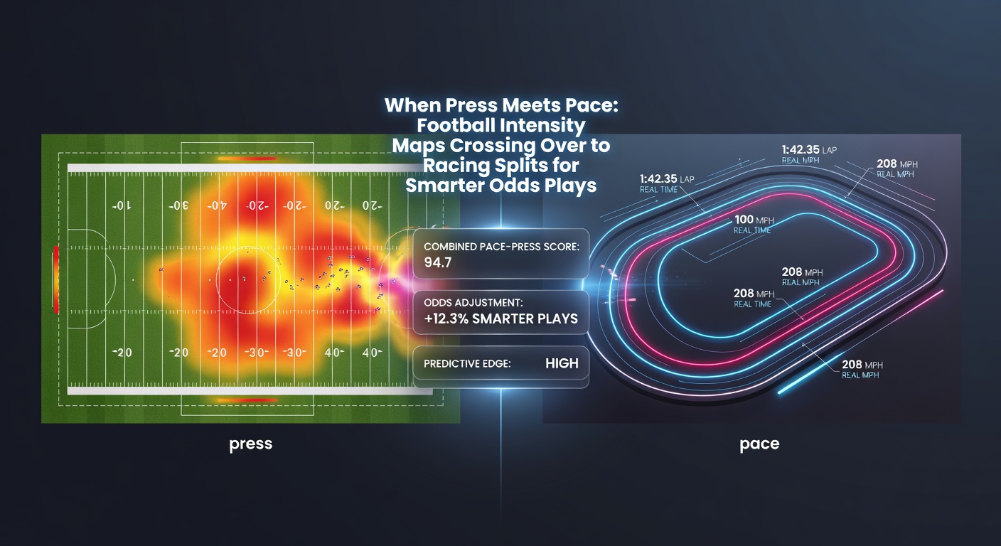 Split-screen visualization comparing a high-pressing football formation intensity heatmap with a horse race pace chart highlighting leader fade and closer surge